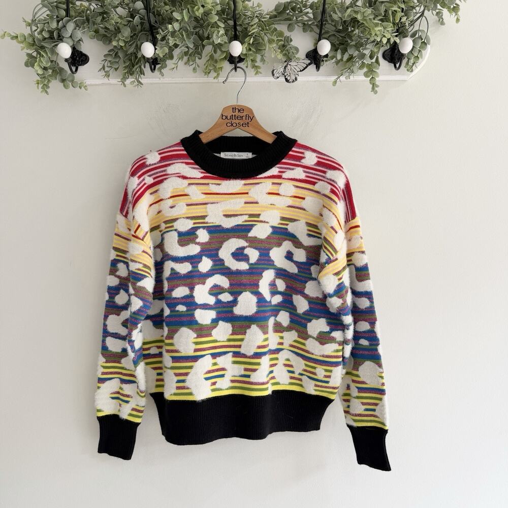 Desigual Striped Leopard-Effect Sweater Fuzzy Knit Small eclectic mm6041